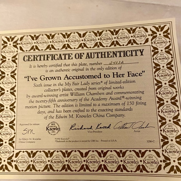 Vtg. My Fair Lady Plate XC Certificate of Authenticity Original Box Like New! - Picture 3 of 6